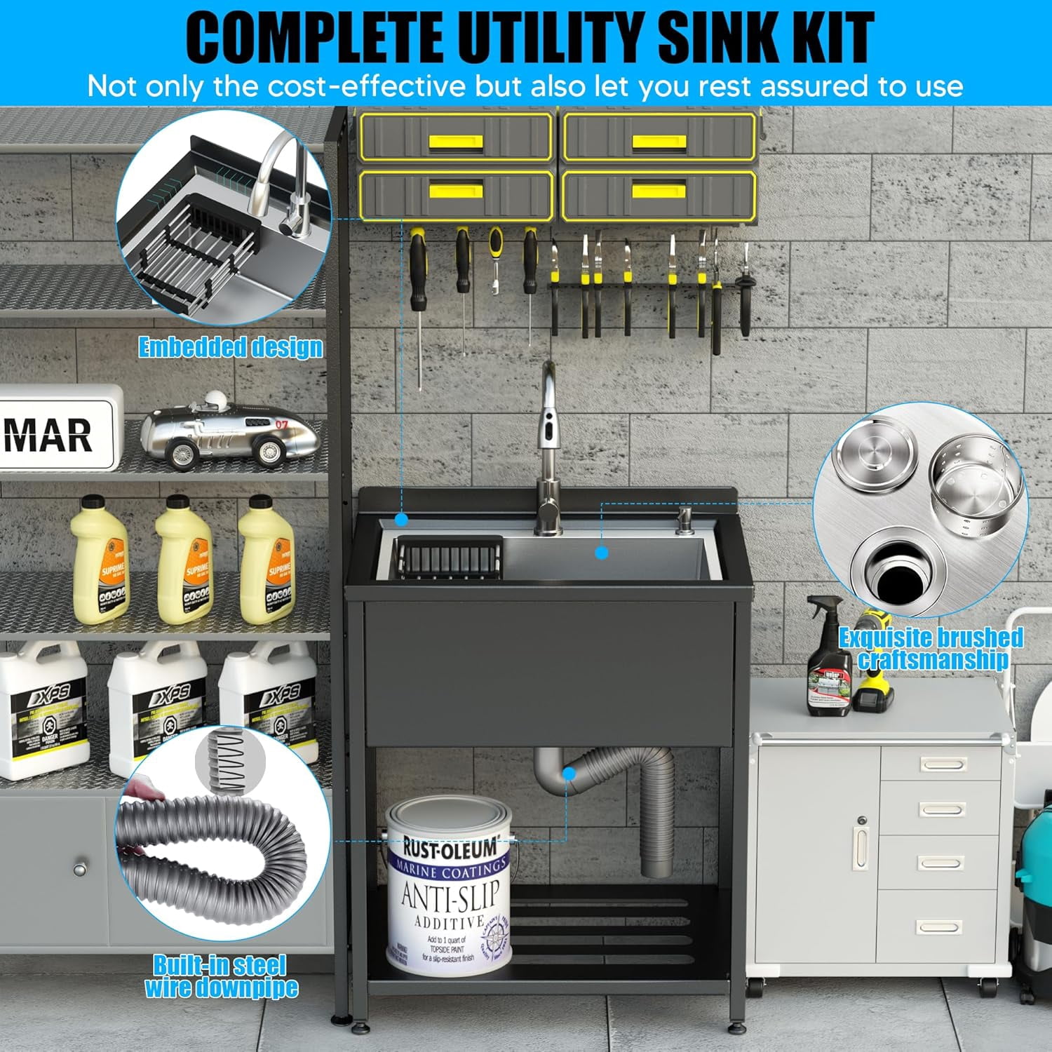 Stainless Steel Utility Sink, 30.8" × 22" × 39.5"Freestanding Sink with Cold and Hot Water Faucet,Hoses and Drain Kit for Kitchens, Bathrooms, Garage, Laundry Room