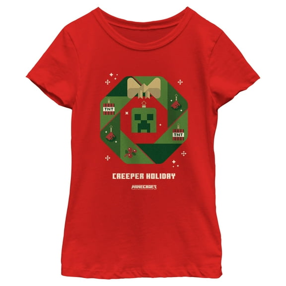 Girl's Minecraft Creeper Holiday Wreath  Graphic Tee Red X Large