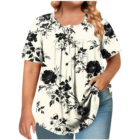 ZQUUVOU Women's Plus Size T-Shirt Short Sleeved Crew Neck Button Front Pleated Blouse A-Beige (4XL)