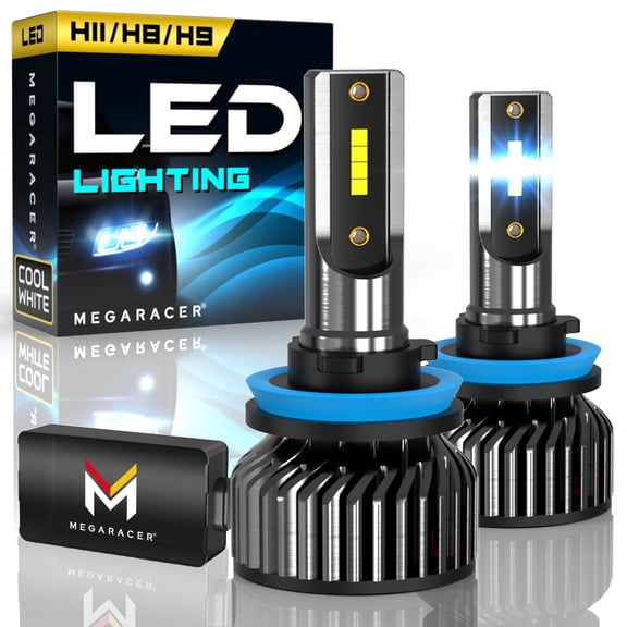 Mega Racer H11 LED Headlight Bulb 2 PACK - 6000K Bright White 12V 60W 16000LM - Low Beam Replacement Car Bulbs