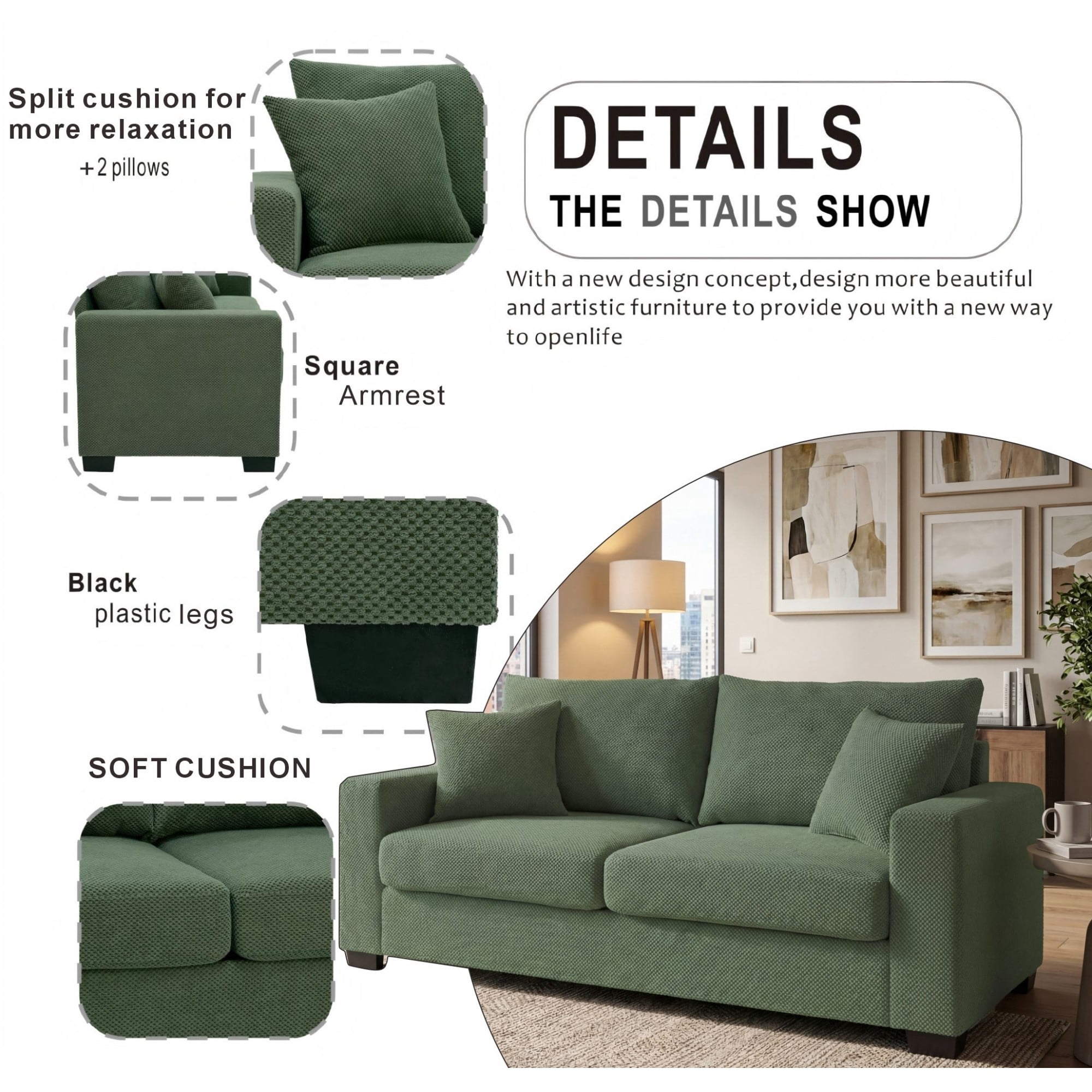Leumius 69" Sofa for Living Room,Modern 2 Seater Couch for Small Space,Upholstered Loveseat with 2 Throw Pillows,Dark Green