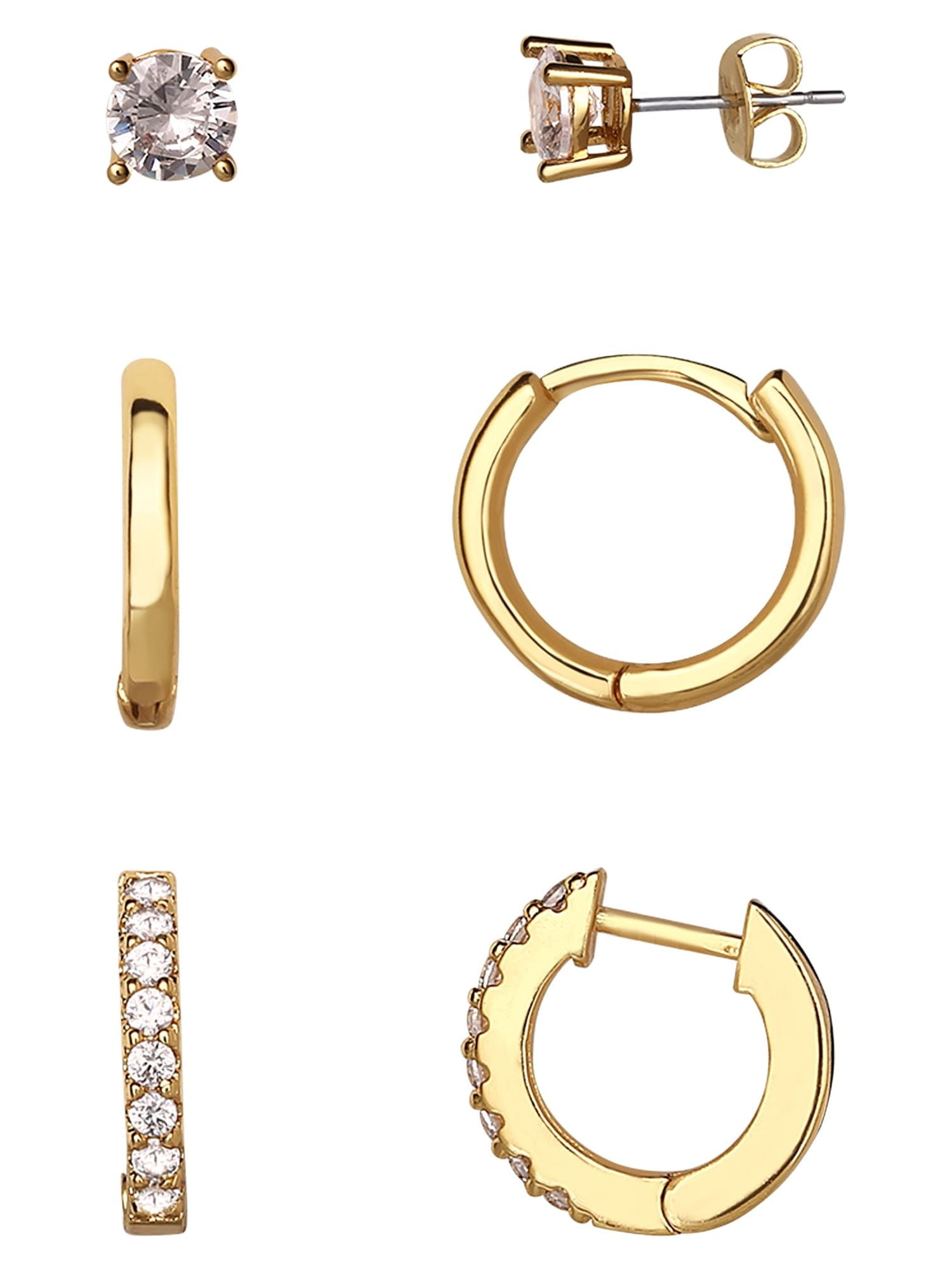Believe by Brilliance Women's Brass 14kt Gold Flash Plated Cubic Zirconia Stud, Hoop, and Polished Earring Set