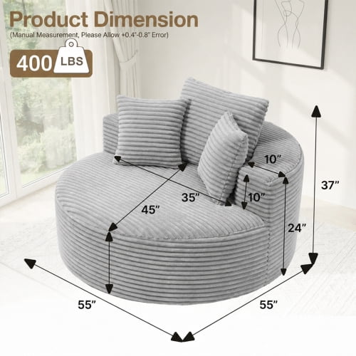 55-Inch Oversized Round Chaise Lounge Chair, Modern Corduroy Boneless Floor Sofa with 3 Pillows, Deep Seat Circular Couch for Living Room, Bedroom & Movie Room, Light Gray