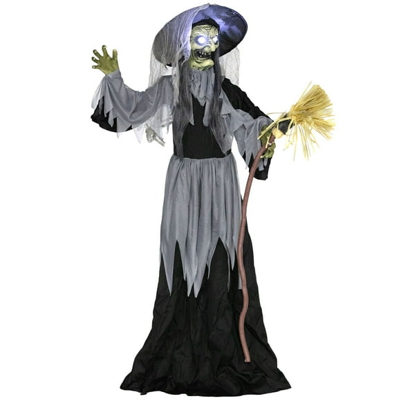 Animatronics Sorcière Debout, Accessoire Activé par la Voix, Tête Tournante & Yeux Clignotants, Installation Facile Intérieur, Noir