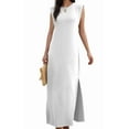 thumbnail image 2 of Women Summer Round Neck Casual Loose Split Wrinkle-Free Long Maxi Vacation Dress with Pockets White L, 2 of 9