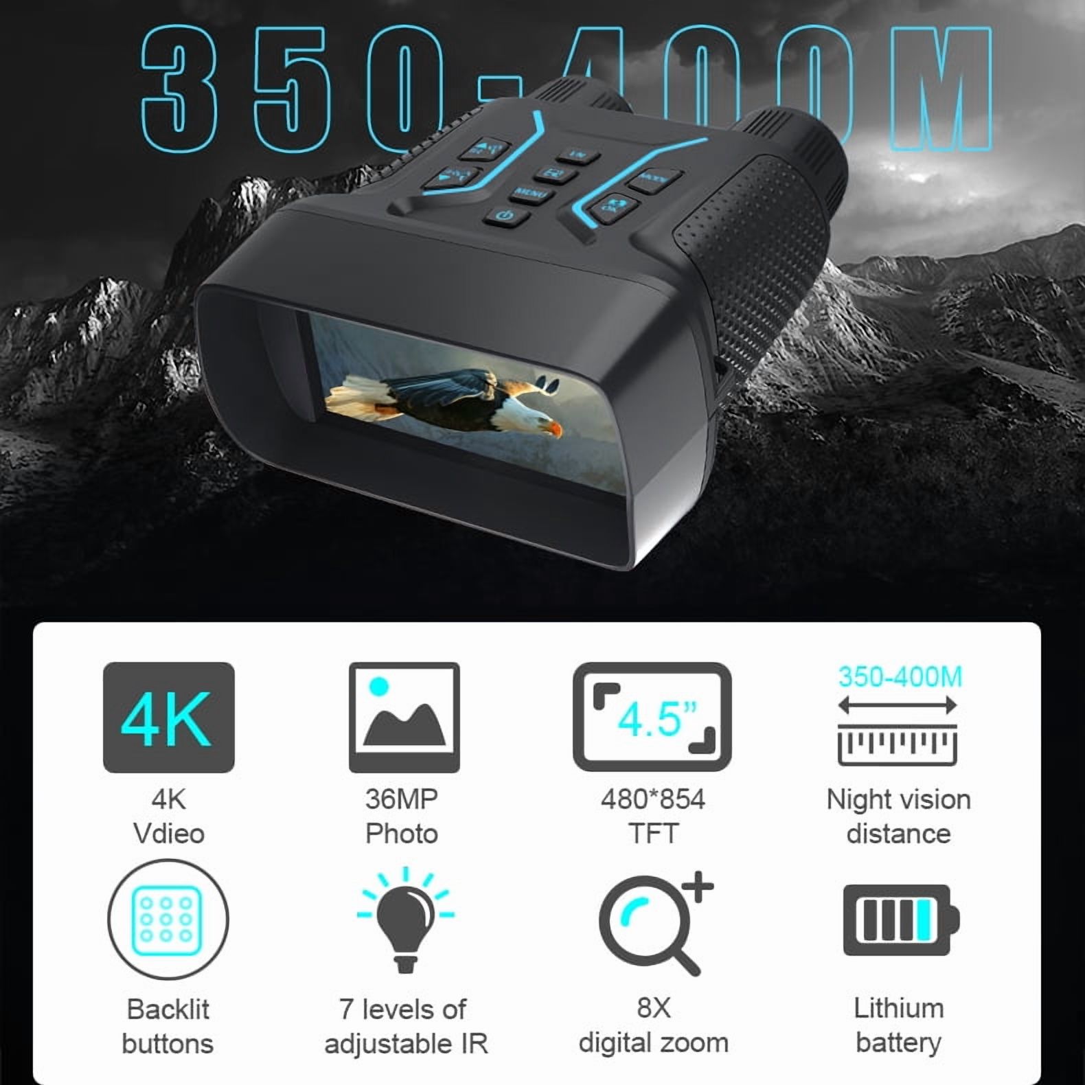 BekinTek Full Color 4K 36MP Night Vision Binoculars Rechargeable Digital Telescope Infrared Night View NVG Goggles 400m Full Dark Observe with Starlight Sensor 7x IR 8x Zoom Large HD Screen