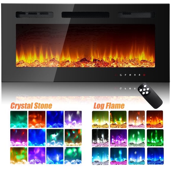 Tcisa 36" Electric Fireplace, Recessed and Wall Mounted Low Noise Ultra Thin Thermostatic Fireplace Remote Control with Timer, Touch Screen, Adjustable Flame Colors
