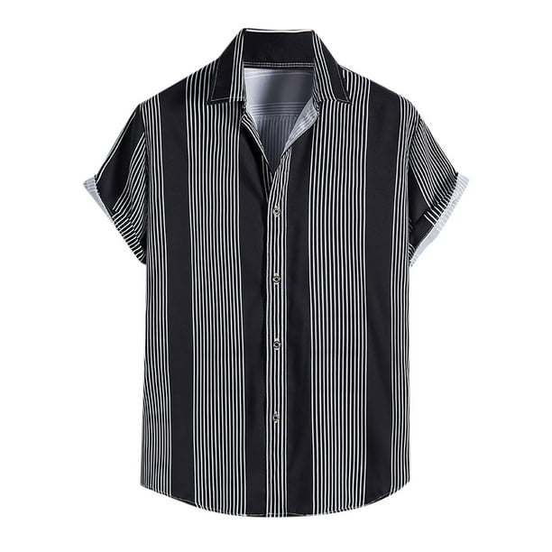 Blusa informal de manga corta con estampado de rayas playeras y botones para hombre Pompotops oipoqjl27764