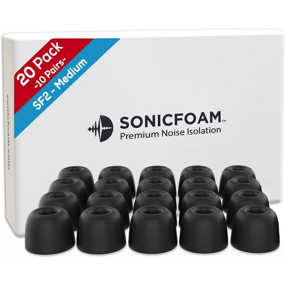 Memory Foam Earbud Tips - Premium Noise Isolation, Replacement Foam Earphone Tips, 20 Pack for in Ear Headphone Earbuds (SF2 Medium, Black)