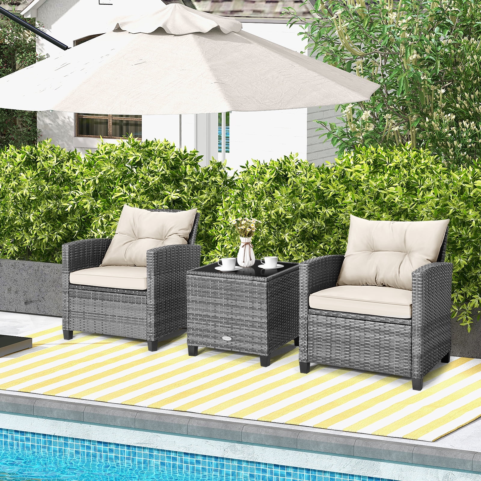 Costway 3PCS Patio Rattan Furniture Bistro Set Cushioned Sofas Side Table Armrest Beige,Mix Gray