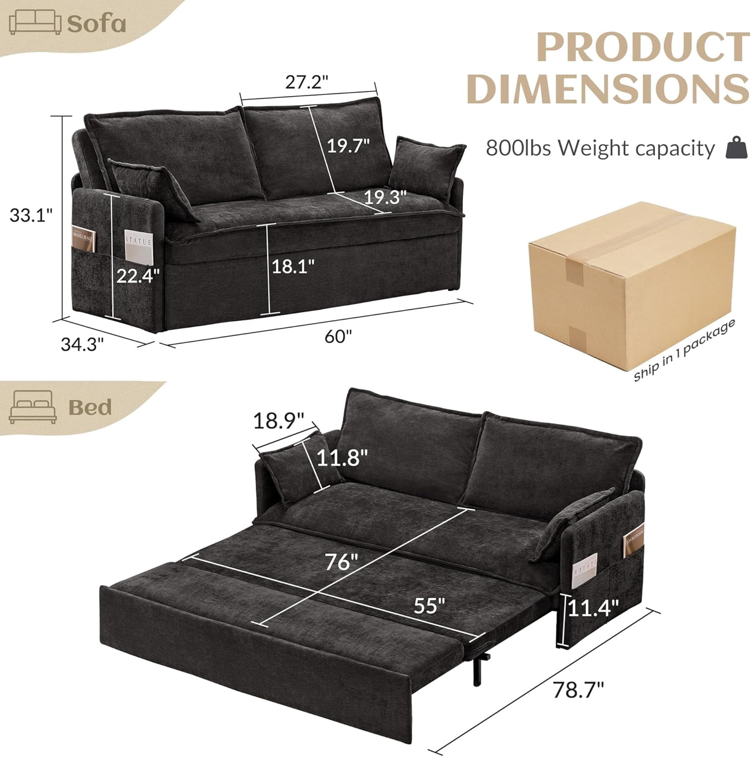 Modern Convertible Sleeper Sofa with USB Charging, Queen-size Corduroy Upholstery Sofa Bed, Black