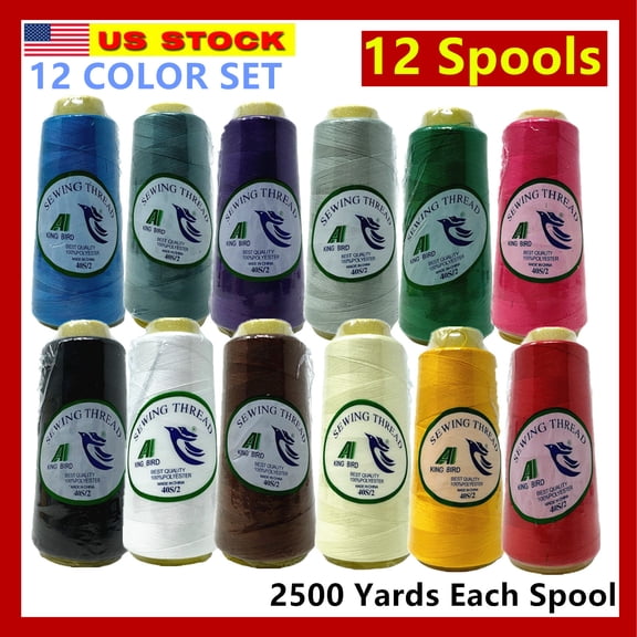 12 Big Spools Sewing Thread Polyester Multicolor 2500 Yards Each Spool