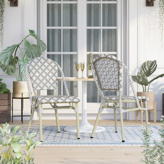 Portia Aluminum and PE Wicker Star-like Woven Pattern Patio Chairs, Set of 2, Gray