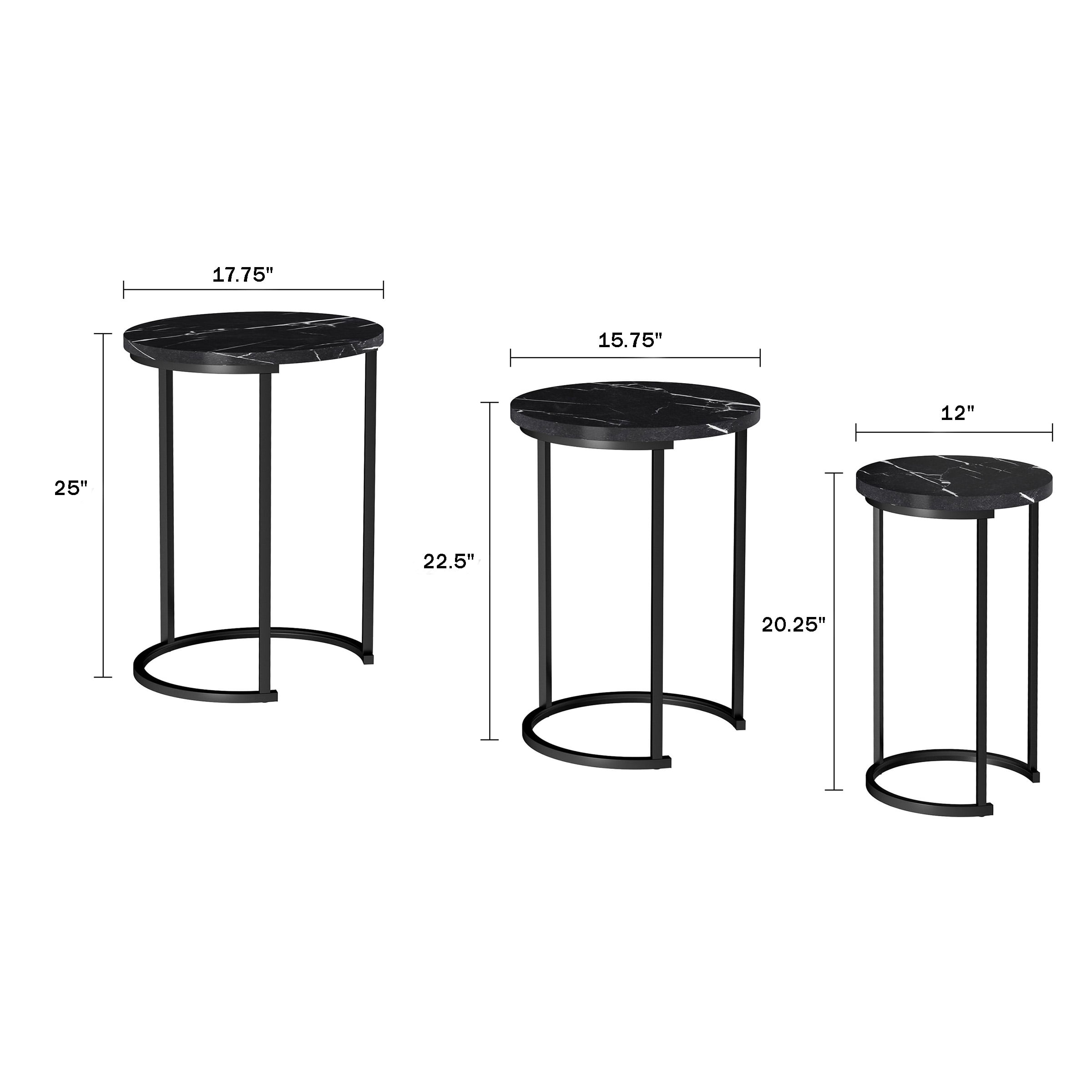 Lavish Home Set of 3 Round Nesting Tables for Living Room (Black Marble)