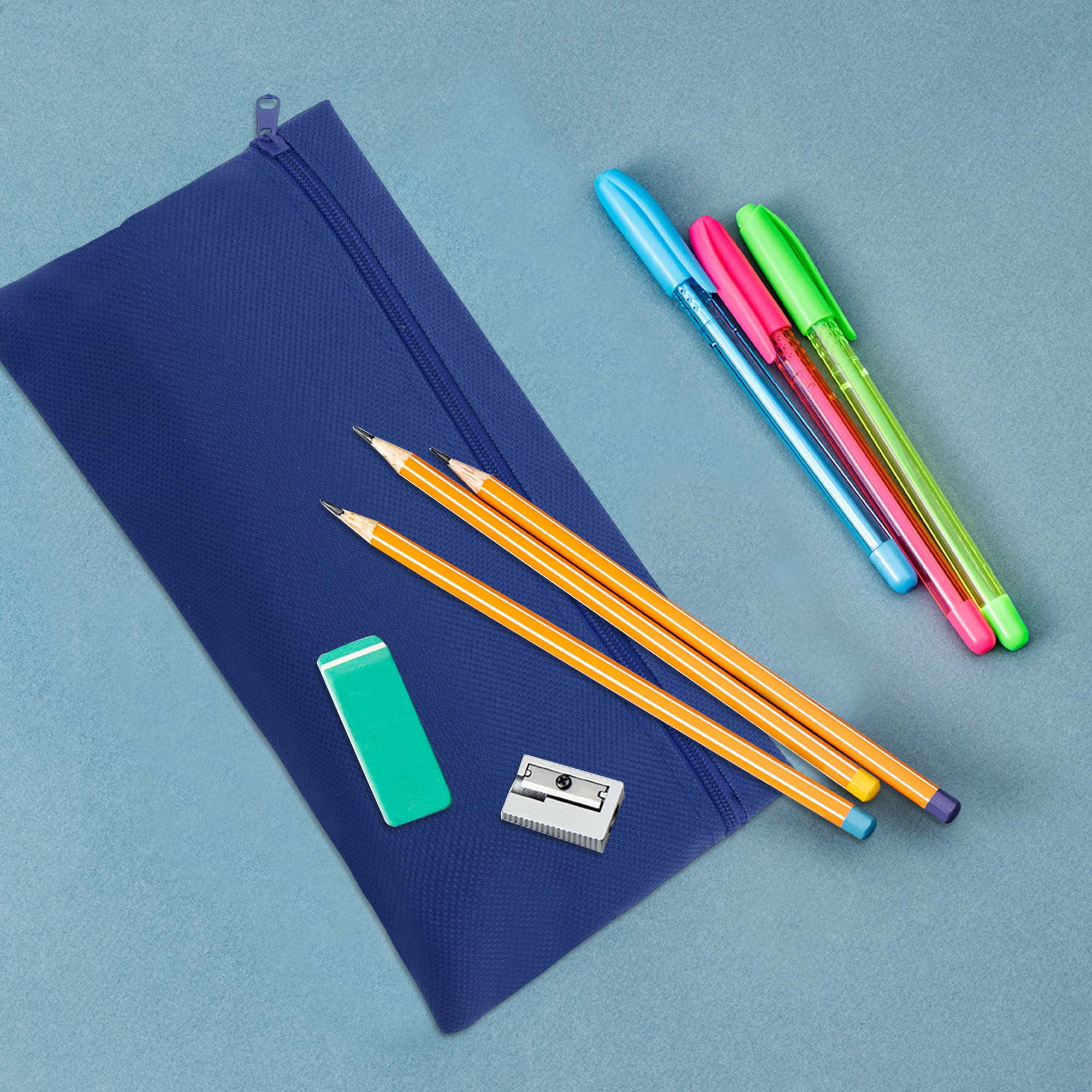 Unique Bargains Pencil Case Canvas Large Capacity Stationery Pen Bag for Office Blue