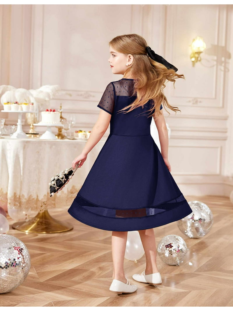 short formal dresses for tweens Arshiner Tween Girls Dress Formal Contrast Mesh Short Sleeve A Line Party Dresses Navy Blue / 9-10 Years