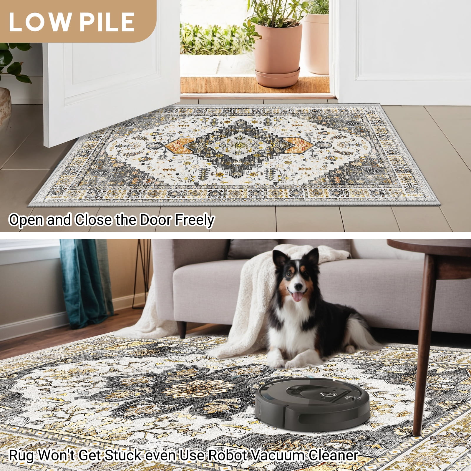 6'x9' Vintage Area Rugs,Soft Washable Distressed Thin Rugs for Living Room Bedroom,Non-Slip Foldable Indoor Carpet,Grey Brown