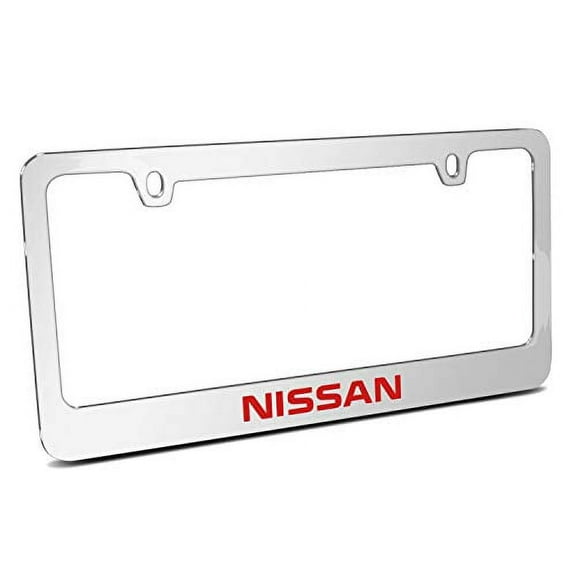 Nissan in Red 3D Embossed Letters on Mirror Chrome Metal License Plate Frame