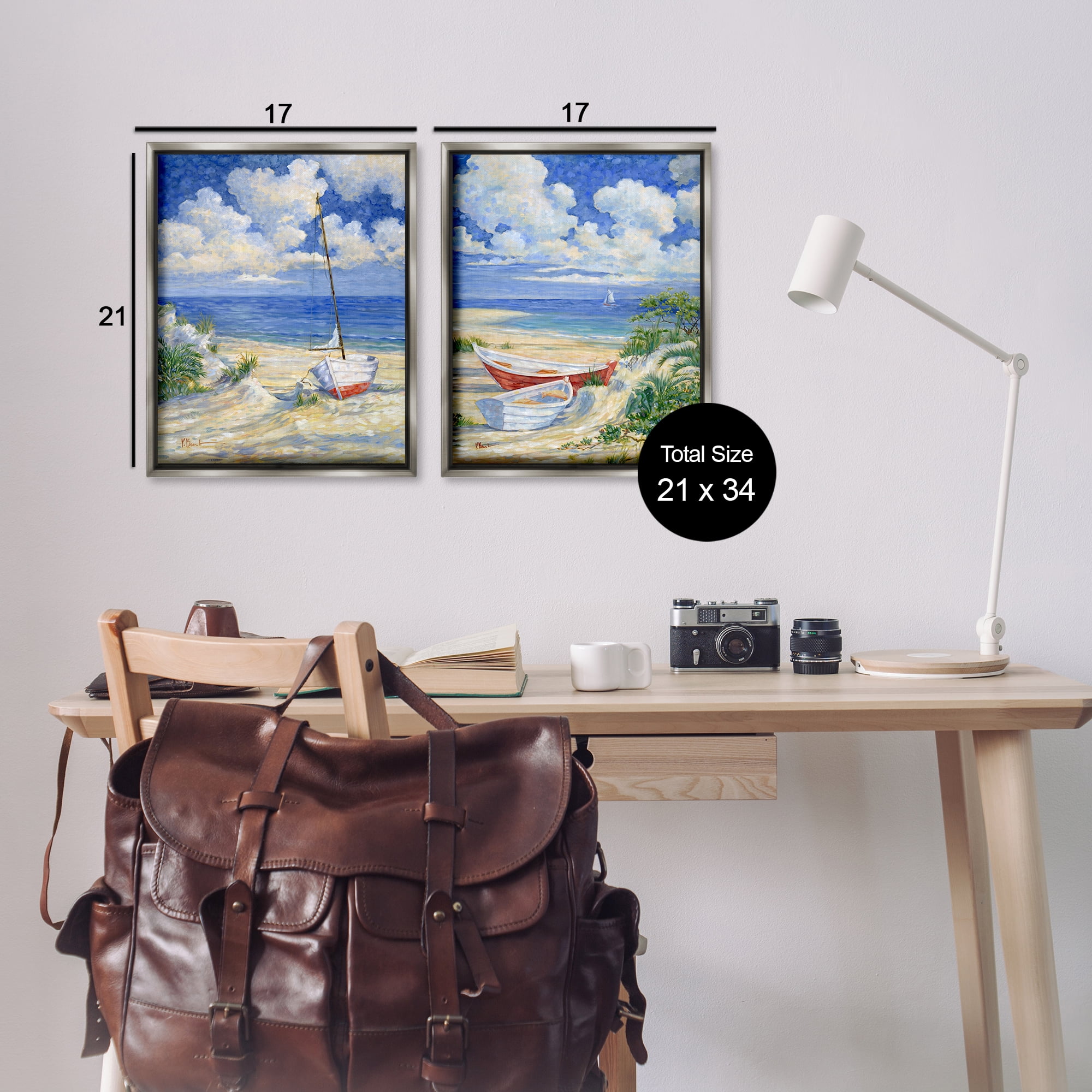 Stupell Industries Row Boat on Sandy Beach Nautical & Beach Painting Gray Floater Framed Canvas Art Print Wall Art, 17 x 21, Set of 2