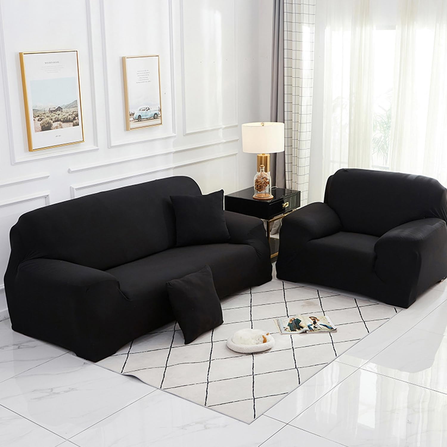Sofa Cover Slipcover Stretch Elastic 2Seater Chair Loveseat Sofa Couch Furniture Protector Fit, Sofa Slipcover, Home Decor, Black