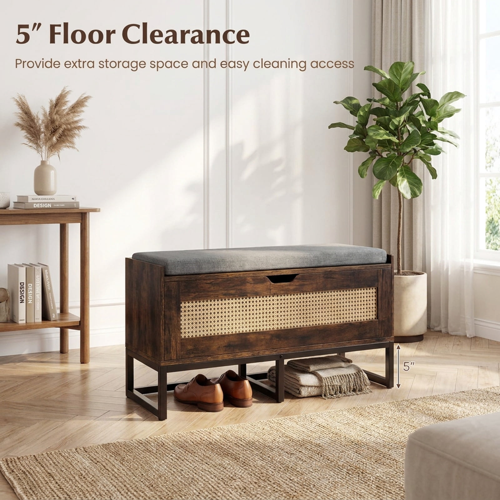 Furnibear 39.5 Inch Rattan Wicker Storage Chest Shoe Bench with Padded Seat and Flip Top Lid for Entryway Shoe Storage, White