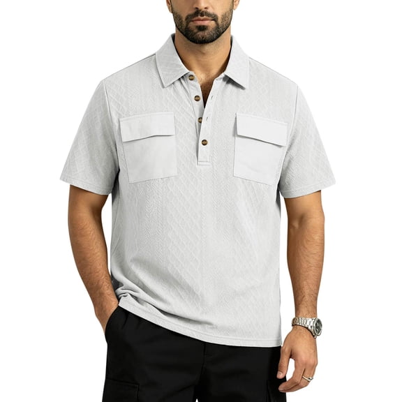 GrmtClth Men's Casual Dual Pocket Polo Shirt Textured Short Sleeve Button Placket Top for Daily Wear White XL