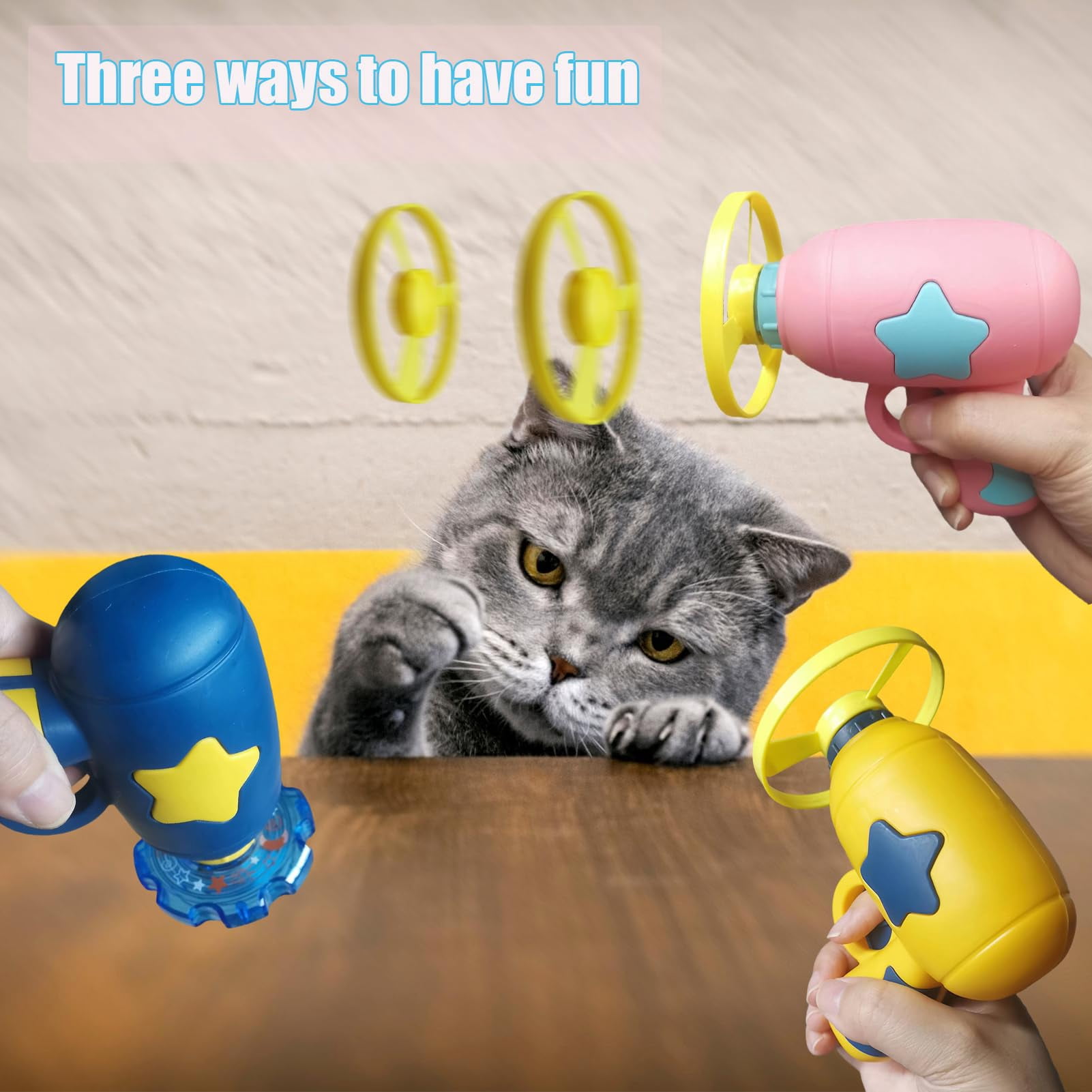 Cat Fetch Toy with Colorful Flying Propellers - Interactive Kitten Chasing Training Toy, Flying Disc Launcher Set for Indoor Outdoor Hunting Play, Pet Enrichment Activity