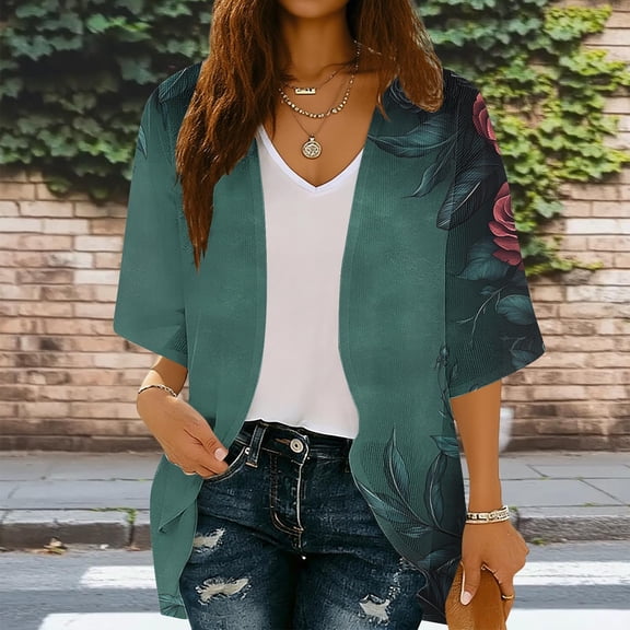 HOMBOM Summer Kimonos for Women 3/4 Sleeve Cardigan Dusters Floral Open Front Lightweight Flowy Young Womens Cover Ups
