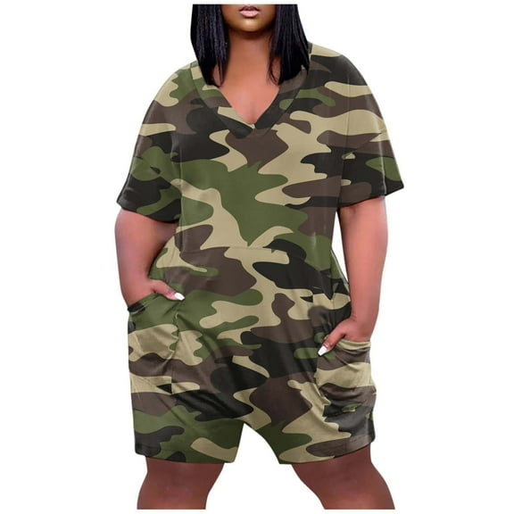 Dgankt Women’s Summer Short Jumpsuit Plus Size Short Jumpsuit For Women V Neck Summer Zip Casual Pocket Knee Short Sleeve With Pockets Summer Jumpsuit