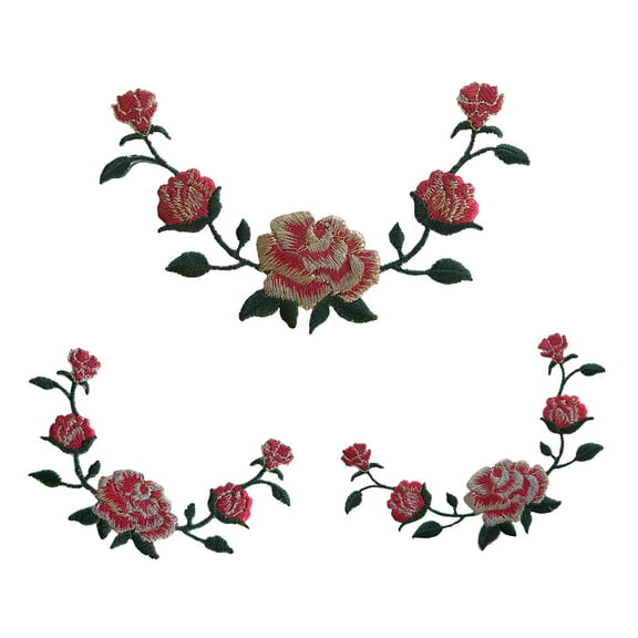 Lily Roses Floral Flowers Embroidered Red/Metallic/Green Iron On Applique Patch