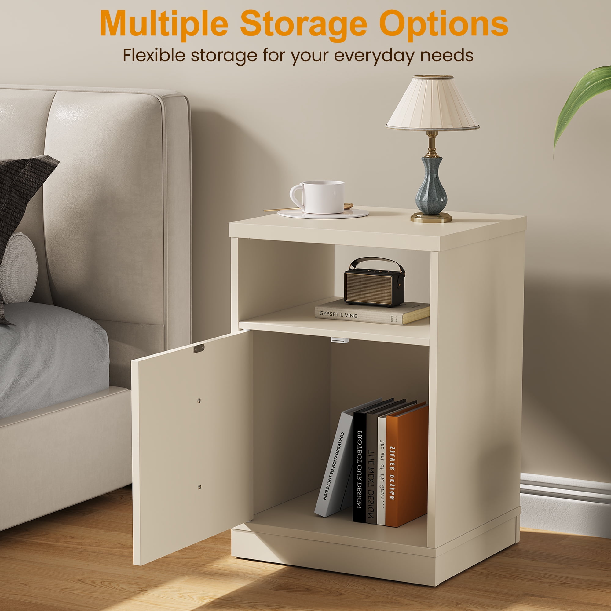 Cozy Home beige Nightstand with Storage Shelf & Door, Faux Drawer Design End Table, Compact Side Table for Bedrooms, Dorm Rooms & Small Spaces, Set of 2