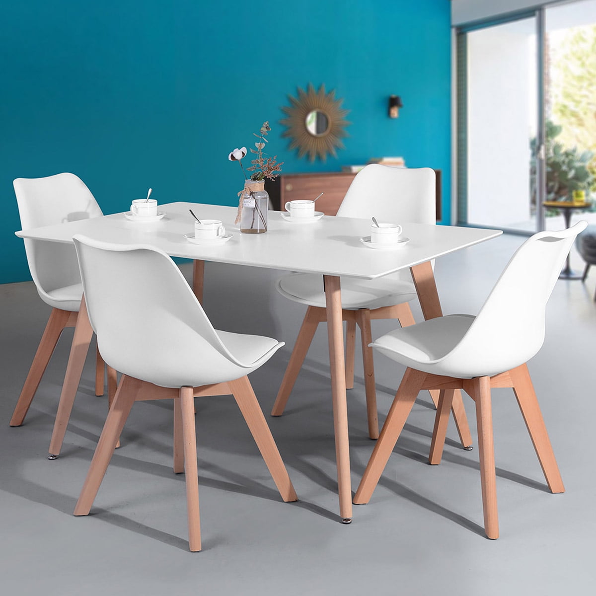 Geniqua Wooden Oak White Dining Table Contemporary Kitchen Room Furniture Beech Wood Leg Walmart Com Walmart Com