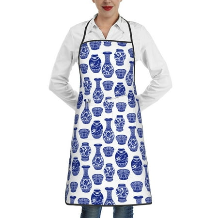 

Qekee Blue Vases Print Adjustable Bib Apron Resistant with Pocket Cooking Kitchen Aprons for Women Men Server Chef Apron