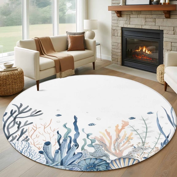 Summer Coastal Coral Round Area Rug 6 FT, Non Slip Bedroom Area Rug, Blue Ocean Conch Shell Blue Washable Soft Circular Carpet Non-Shedding Floor Mat for Kitchen Dining Room Home Office Kids Room