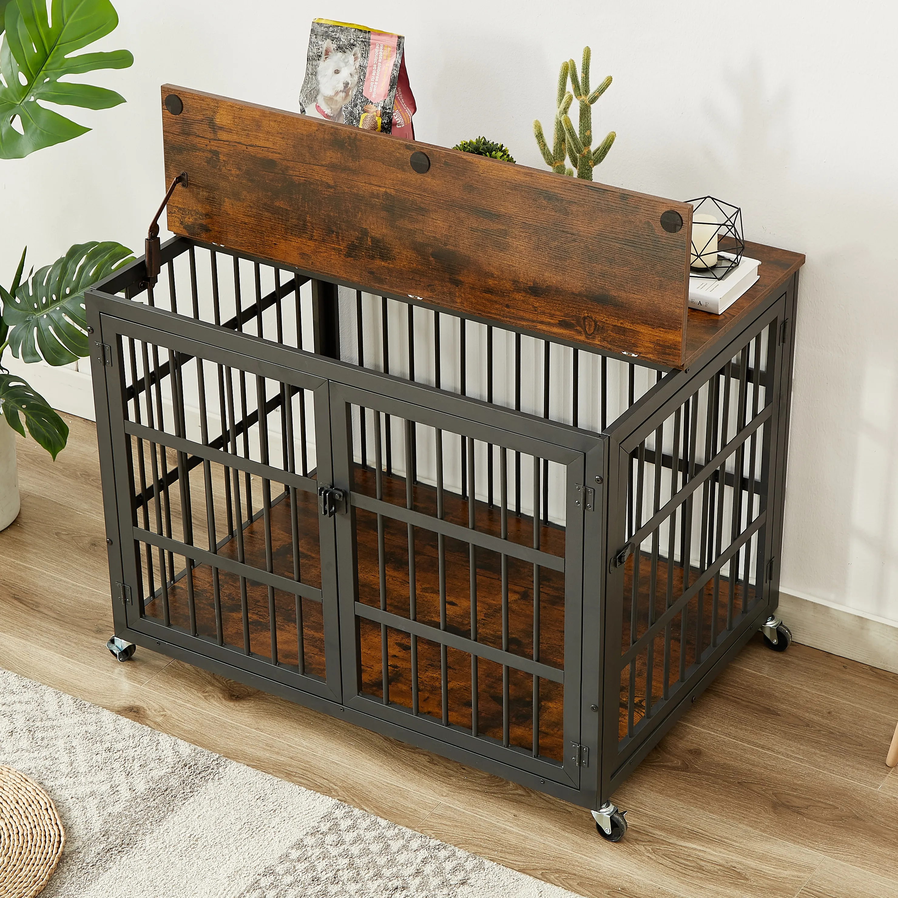 Pefilos 38" Heavy Duty Dog Crate, Furniture Style Dog Cage with Wheels, Dog House Wrought Iron Frame Door with Side Openings, Brown Pefilos 38" Heavy Duty Dog Crate, Furniture Style Dog Cage with Wheels, Dog House Wrought Iron Frame Door with Side Openings, Brown