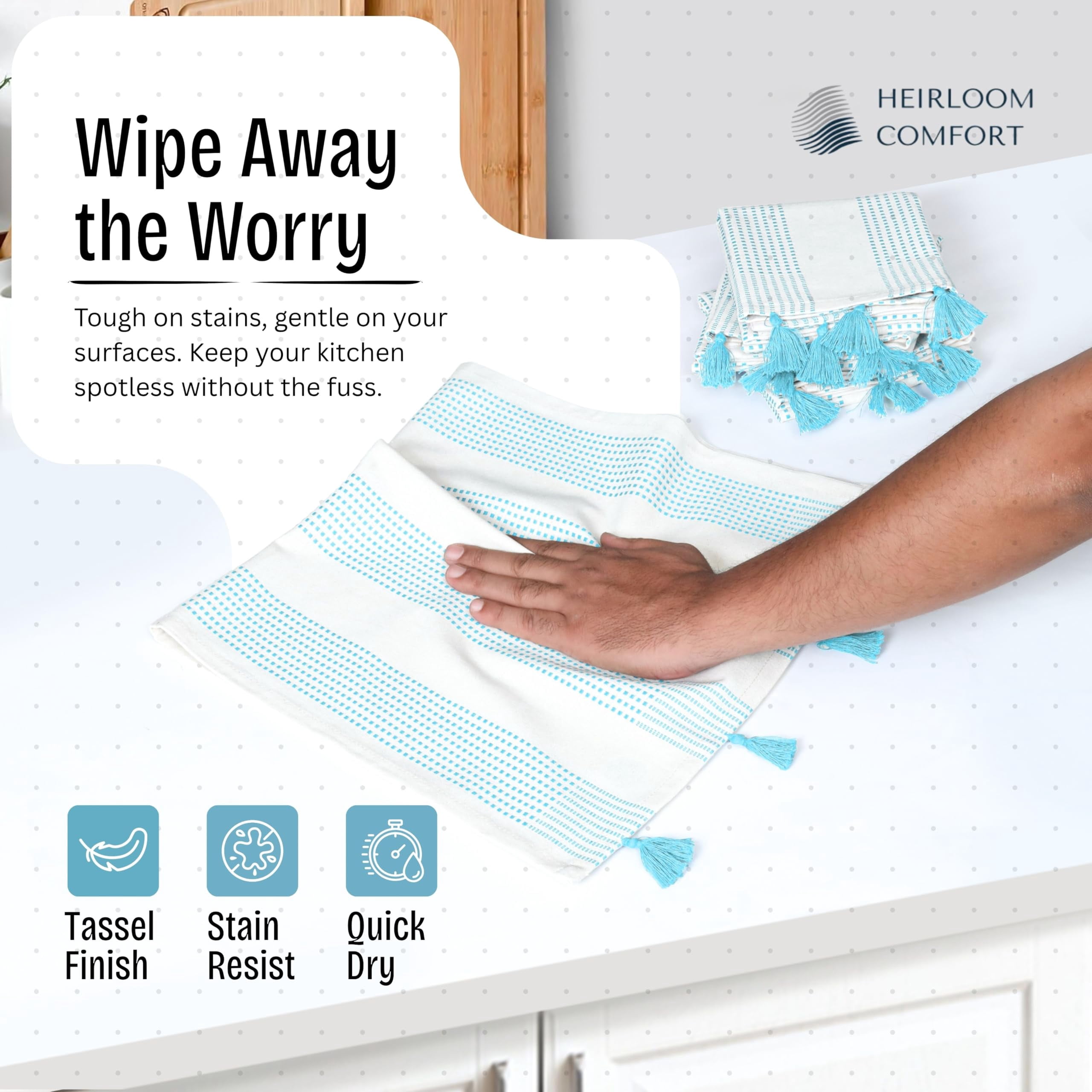 HEIRLOOM COMFORT Aqua Blue Decorative Dotted Kitchen Towels 16x26 Inch, 3 Pack, Super Absorbent, Soft, 100% Cotton Dish Towels with Tassels, Quick-Dry Dishcloths for Everyday Use and Cleaning Dishes