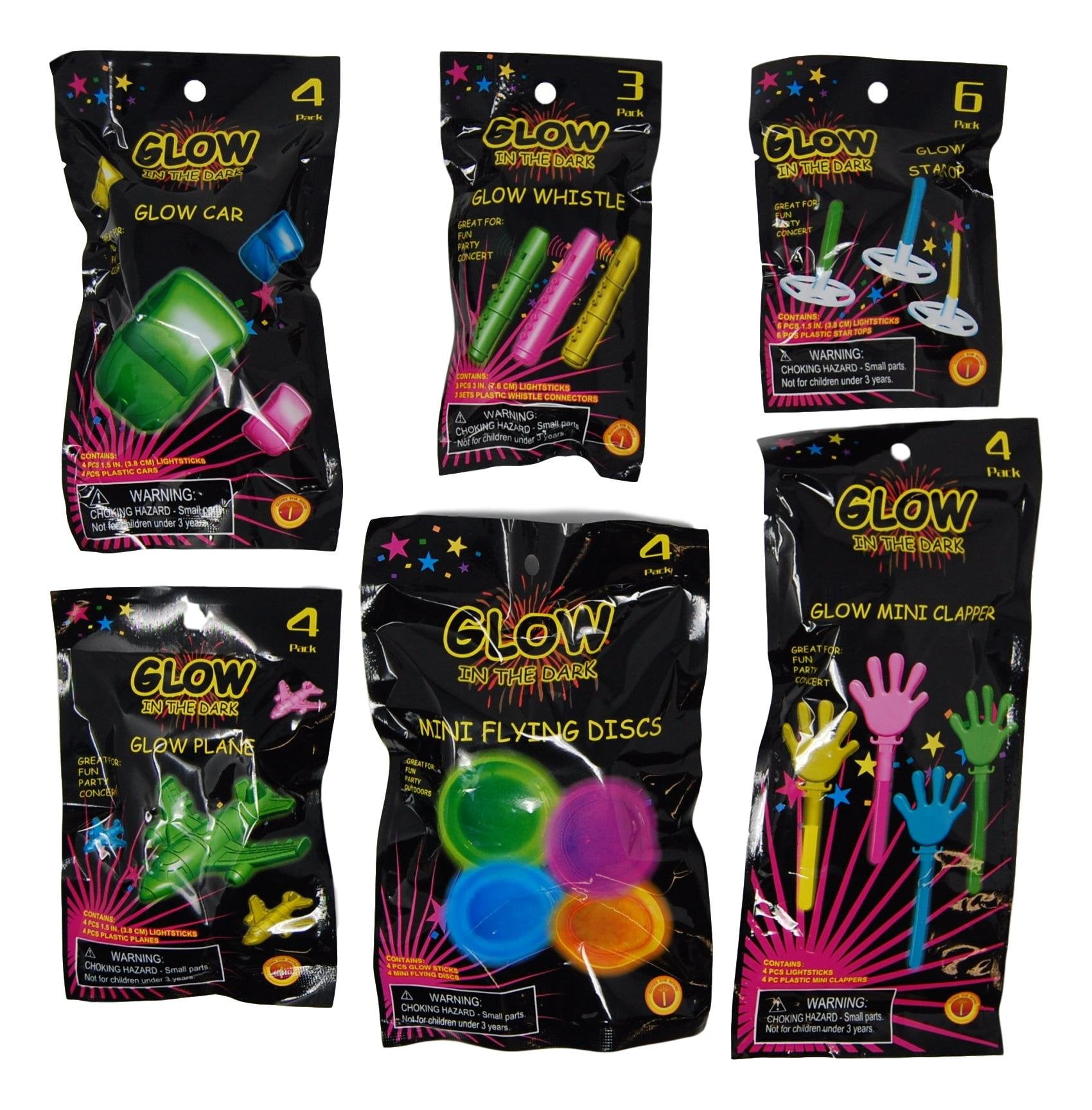 Party Glow Favors Set of 25 (Whistles, Tops, Clappers, Cars, Discs And