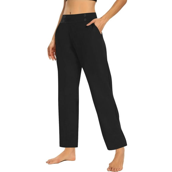 Lmnyox Yoga Pants for Women Casual Straight Leg Elastic Waist Workout Trousers Loose Solid Sport Pants with Pocket