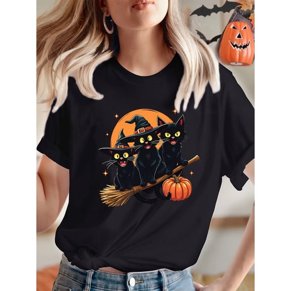 Women'S Halloween T-Shirt - Cute Black Cats in Witch Hats & Pumpkin Graphic - Soft Opaque Fabric Costume Party Outfit - Retro Halloween Party Shirt - Machine Washable Everyday Fall Tee -