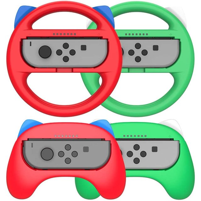Poignée pour Manette Nintendo Switch Jeux de Course Poignée de Volant pour Joy-Con - Ensemble de 4 Poignées Confort Chat Mignon Accessoires de Poignées pour Enfants Famille, Rouge + Vert Costume
