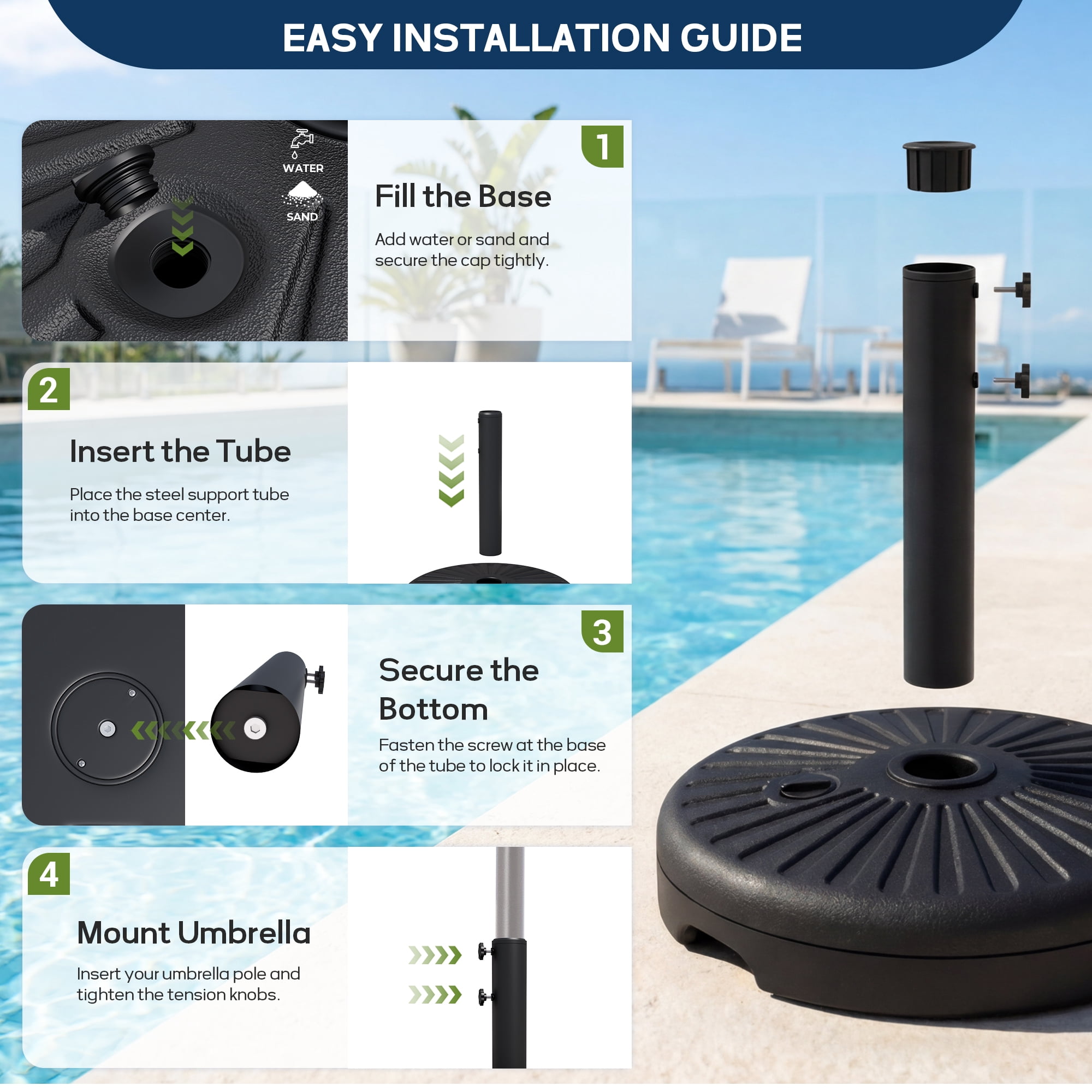 Napwant Fillable Patio Umbrella Base, Water and Sand Weighted Stand for Market Umbrellas, 81lbs, Compatible with 1.5–1.9 in Pole Diameter, Black