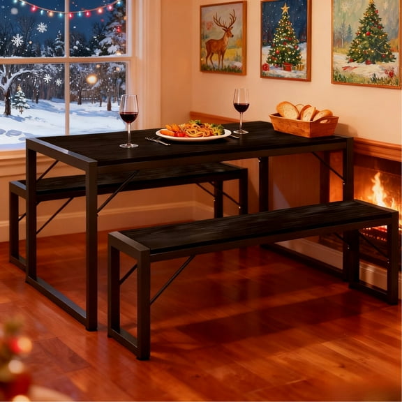 Dining Table Set for 4 , Lofka 45.5" Kitchen Table and Benches Set for Space Saving Apartment, Black