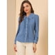 thumbnail image 2 of Camisa casual de contraste con cuello Peter Pan para mujer, blusa de trabajo con mangas abullonadas Gris azul M, 2 of 6