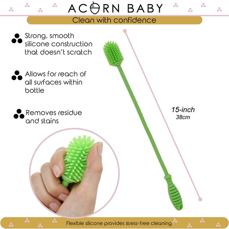 Acorn Baby Bottle Brush, 15in - Bendable Silicone Water Bottle Cleaner Wand