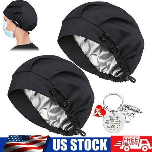 2Pcs Satin Lined Bouffant Scrub Cap with 4 Buttons and Sweatband Adjustable Hats