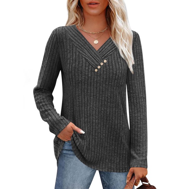 Fanxing Women's V Neck Pullover Sweater with Button Soft Cozy Ribbed Knit Tunic Tops Lightweight Long Sleeve Slouchy Jumper Dark Gray XL