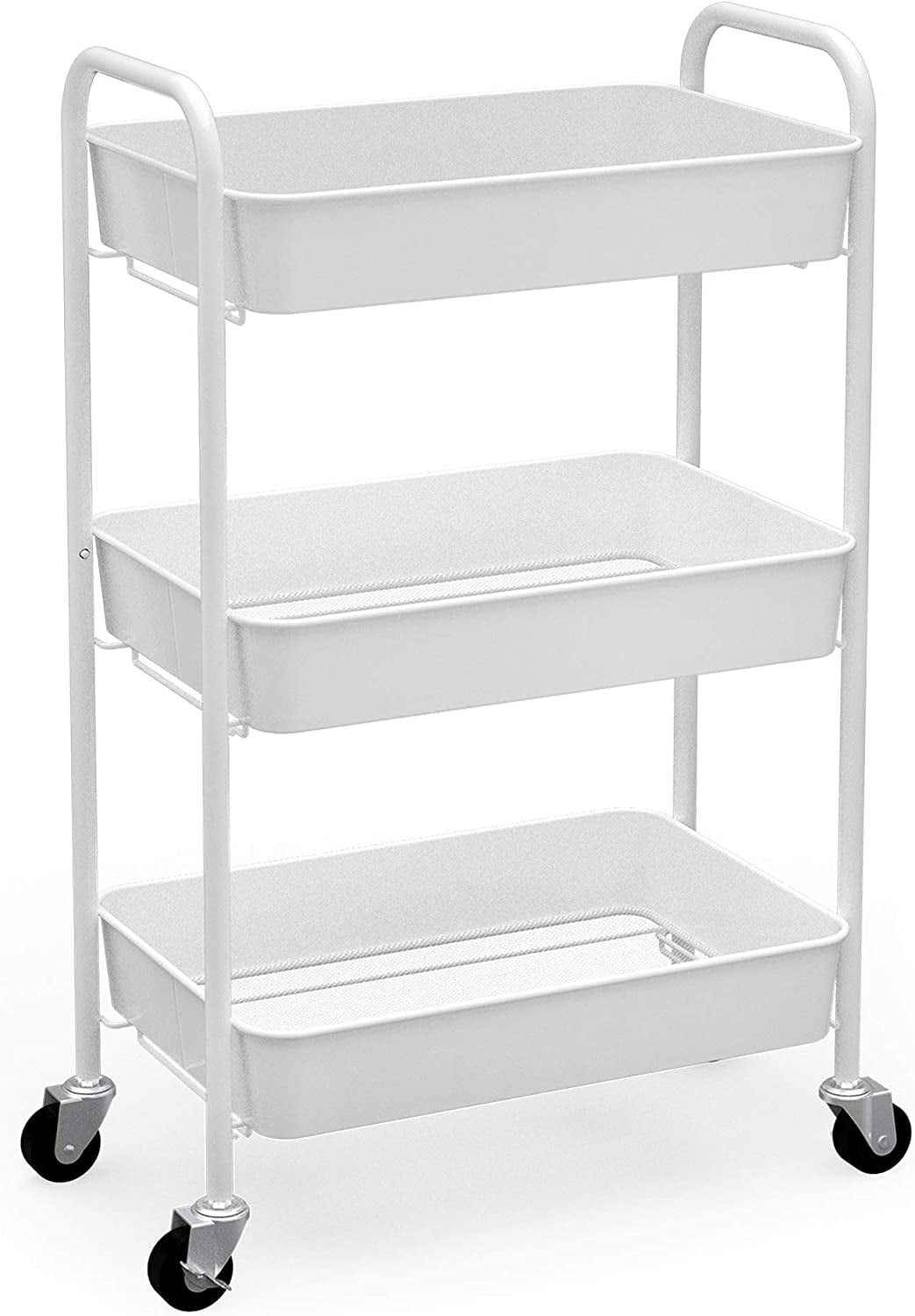 Kitchen Cart CAXXA 3-Tier Rolling Storage Organizer with Tabletop and 3 Small Baskets Mobile Utility Cart White Printer Cart 