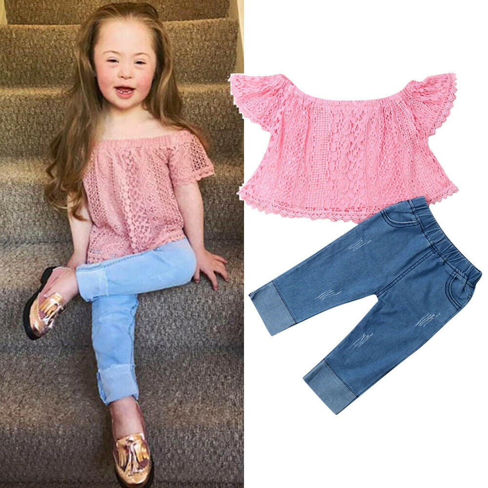 Baby GIRL'S Manica Lunga T-shirt & Denim Pantaloni Set Rosa 0-3 mesi Cotone Jeans 