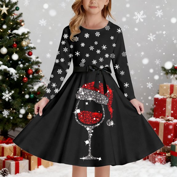 KANG Christmas Princess Dress | Holiday Party Gown with Print & Lacing | Whimsical Pageant & Ball DressBlack160