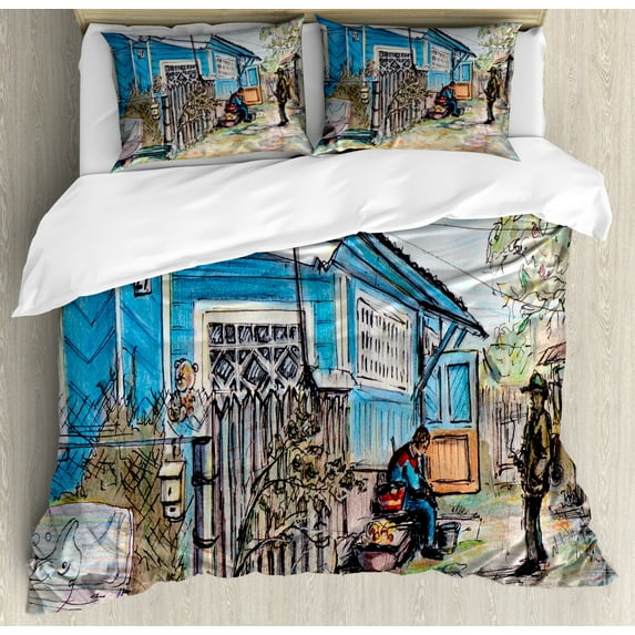 Sketch Duvet Cover Set Queen Size, Hand Drawn Felt Tip Pen Humans Socializing Fine Art, Decorative 3 Piece Bedding Set with 2 Pillow Shams, Sea Blue Slate Brown Pale Green Dark Peach, by Ambesonne
